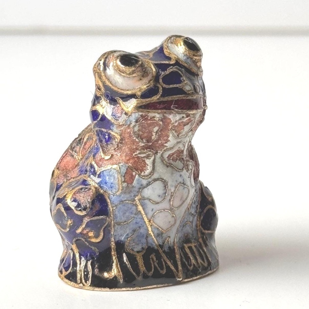 Vintage Cloisonne Frog Figurine Blue Red Gold Enamel Miniature Toad Statue